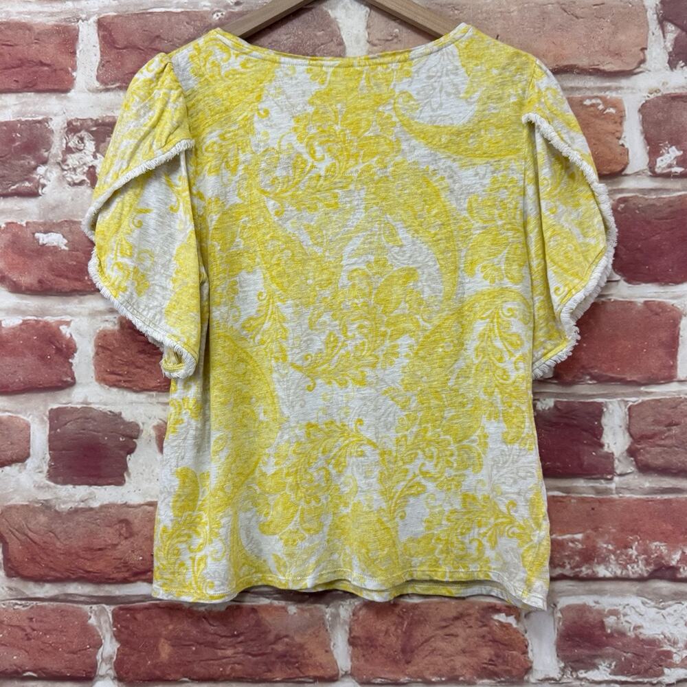 Chicos Top Shirt Womens Medium 1 Yellow White Boho Floral Fringe Petal Sleeves - Picture 4 of 8